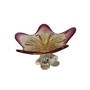 Arte Murano Italy Art Glass Pink Purple Starfish Pedestal Bowl Plate Yellow 10"D